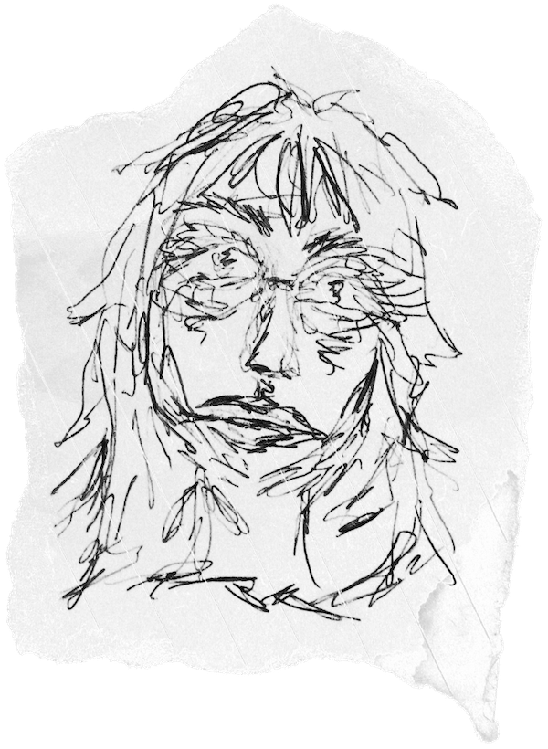 A ballpoint pen sketch of Connie's face, with shaggy hair and glasses, on a scrap of paper.